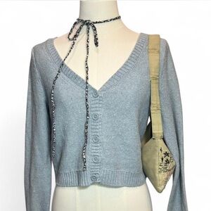 American Eagle Baby Blue Cropped Button-Front Cardigan